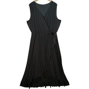 Tahari Women's Wrap V Neck Midi Dress Sleeveless Size 3X Black Ruffle Stretch